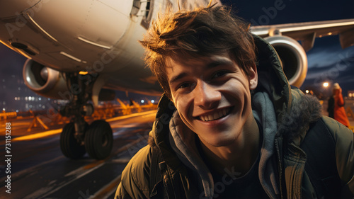 Obraz na płótnie Young man blogger tourist near the plane at the airport. Man blogger traveler near the plane. Enjoying travel. Happy flight and airplane travel concept. w salonie