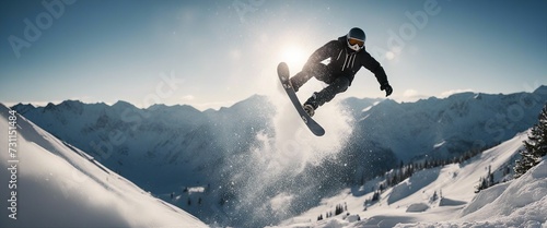 Snowboarder jumps off a ramp in the snowy mountains, snowflakes fly behind him
