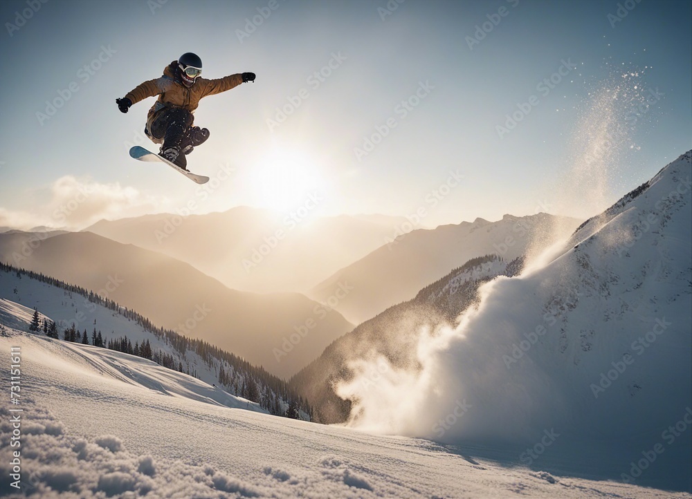 Snowboarder jumps off a ramp in the snowy mountains, snowflakes fly behind him
Snowboarder jumps off a ramp in the snowy mountains, snowflakes fly behind him