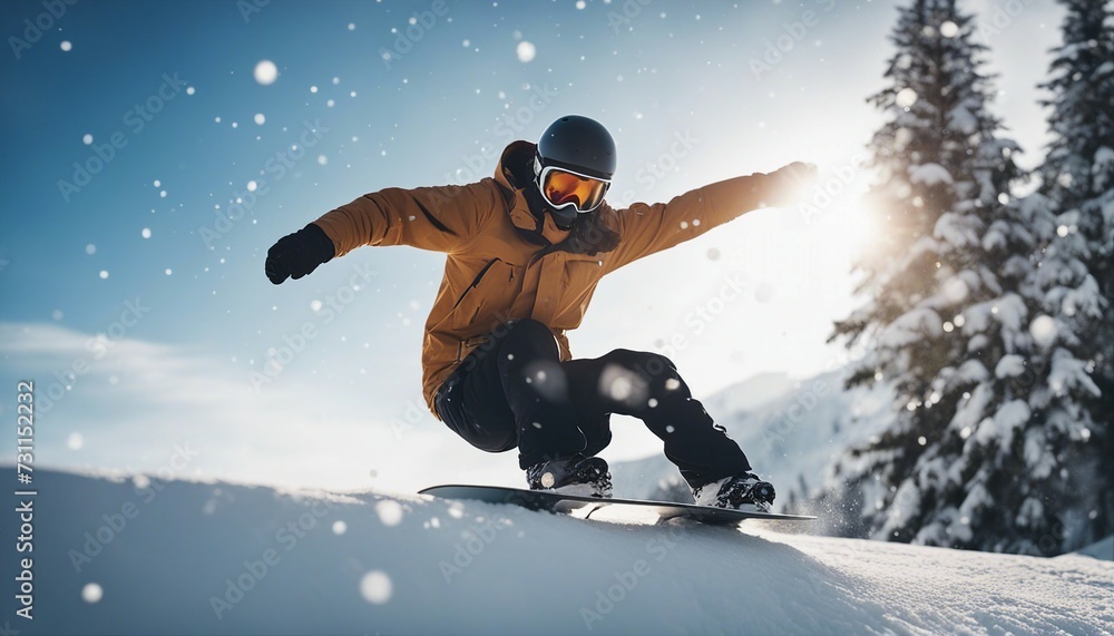 Snowboarder jumps off a ramp in the snowy mountains, snowflakes fly behind him
Snowboarder jumps off a ramp in the snowy mountains, snowflakes fly behind him