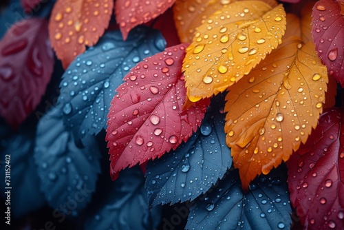 A vibrant autumn leaf glistens with droplets of rain, reflecting the beauty and resilience of nature's ever-changing cycle © familymedia