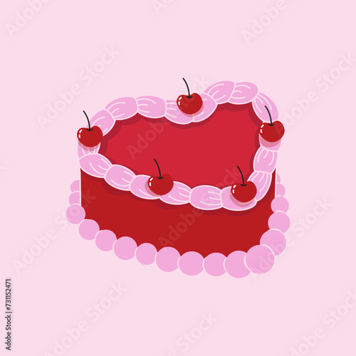 Cute heart shaped cake with cherry. A sweet dessert in the style of y2k. Vector illustration
