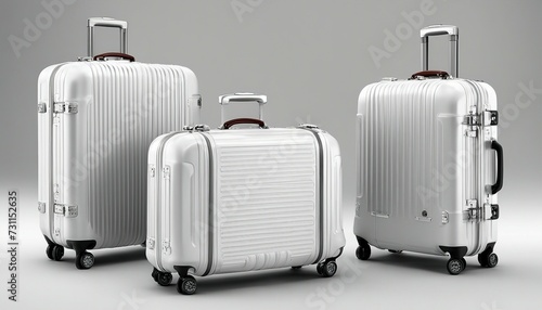 modern suitcases on handle, isolated white background, copy space for text 