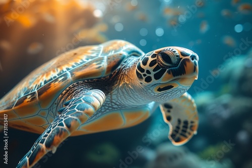 A graceful sea turtle glides through the crystal clear waters, embodying the perfect blend of ancient reptile and majestic mammal in the enchanting world of marine biology © familymedia