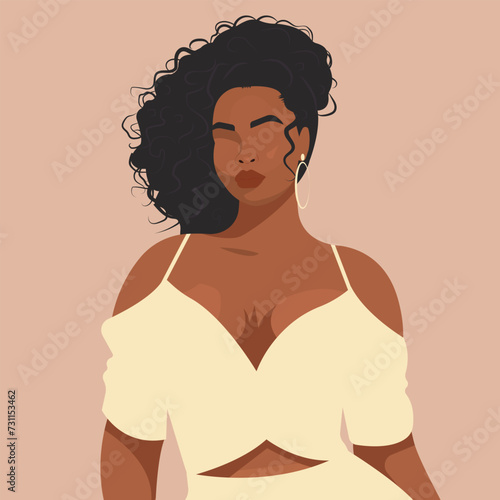 Vector flat faceless portrait of a curvy sexy African woman with curly hair. Stylish illustration in neutral natural shades.