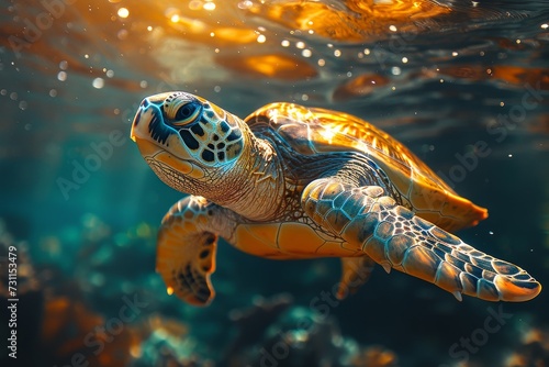 A graceful sea turtle glides through the vibrant underwater world of the reef, showcasing the incredible diversity of marine life and the beauty of aquatic creatures