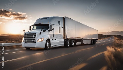 white trailer truck driving alone on empty American roads at sunset, long exposure, isolated white background 