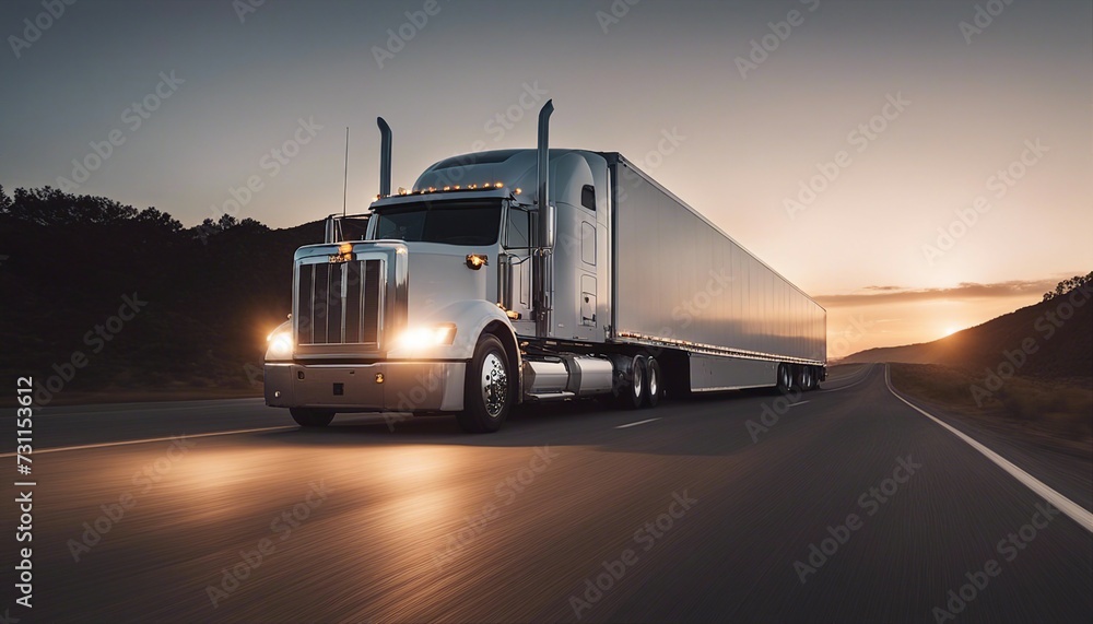 white trailer truck driving alone on empty American roads at sunset, long exposure, isolated white background
