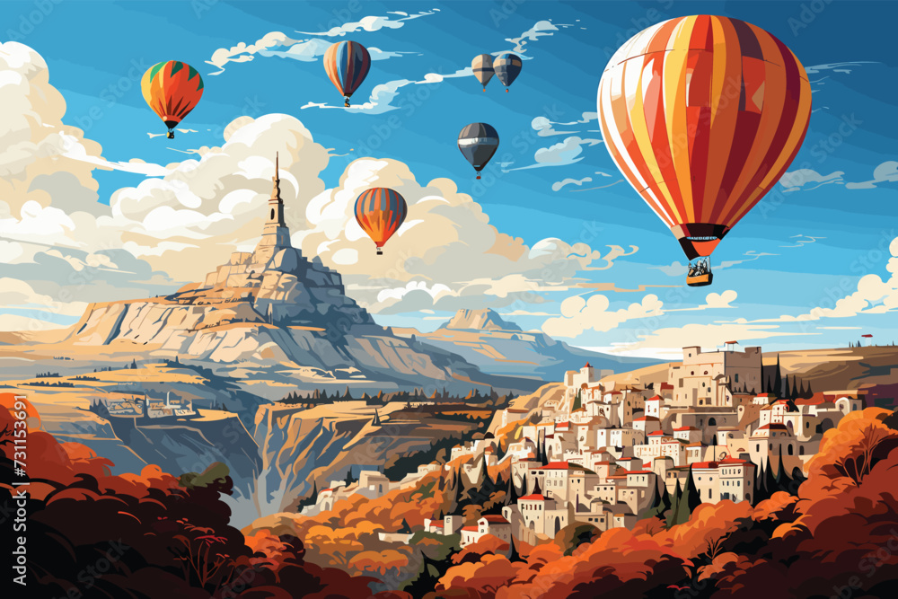 Hot air balloon flying over spectacular Cappadocia.