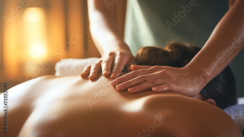 Close up female manual worker doing spa massage to a young girl in a dark room.