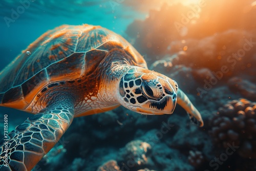 A graceful sea turtle glides through the crystal blue waters  its ancient reptilian body blending seamlessly with the vibrant reef below as it explores its underwater kingdom