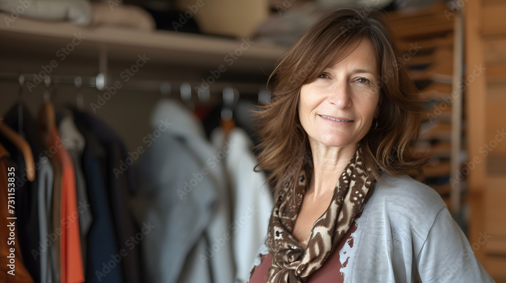 Casual portrait of a middle-aged woman near her wardrobe, reflecting on choices that express personal style and comfort