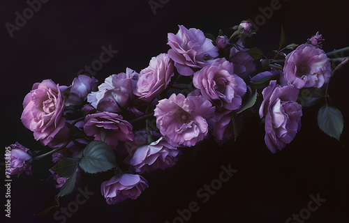 a bunch of purple flowers on a dark background in