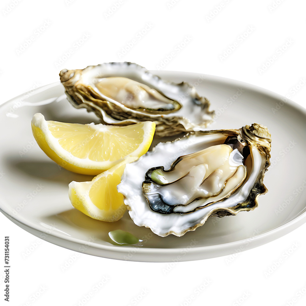 Plate of Raw Half Shell Oysters with Fresh Lemons Isolated on Transparent Background, PNG File Plate of Raw Half Shell Oysters with Fresh Lemons Isolated on Transparent Background, PNG File