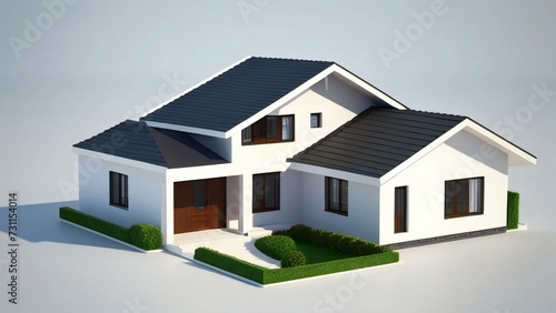 3d house model rendering on white background, Clean and precise 3D illustration modern cozy house. Concept for real estate or property.