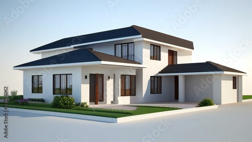 3d house model rendering on white background, Clean and precise 3D illustration modern cozy house. Concept for real estate or property. © home 3d