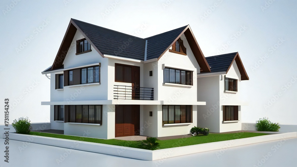 3d house model rendering on white background, Clean and precise 3D illustration modern cozy house. Concept for real estate or property.