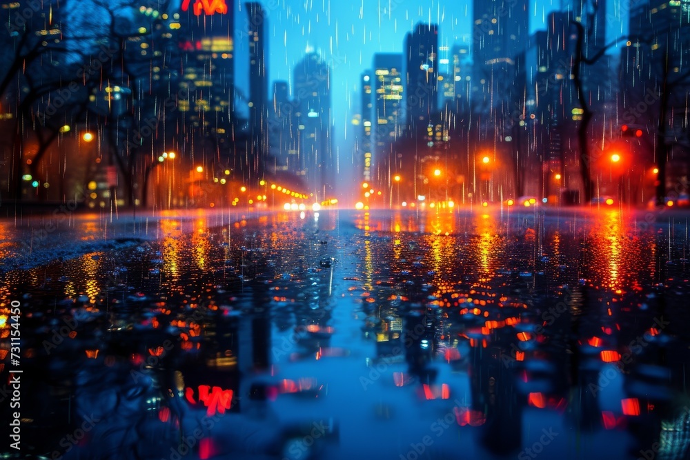 In the midst of a bustling metropolis, rain cascades down the skyscrapers, creating a shimmering cityscape of reflected lights and glistening streets