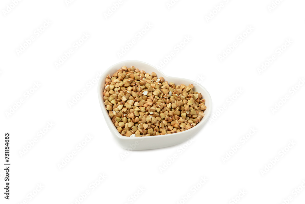 Green buckwheat in a bowl isolated on a white background. Superfood. Raw buckwheat porridge. Healthy vegan food, eco products, diet, organic. Green buckwheat in a bowl isolated on a white background. Superfood. Raw buckwheat porridge. Healthy vegan food, eco products, diet, organic.