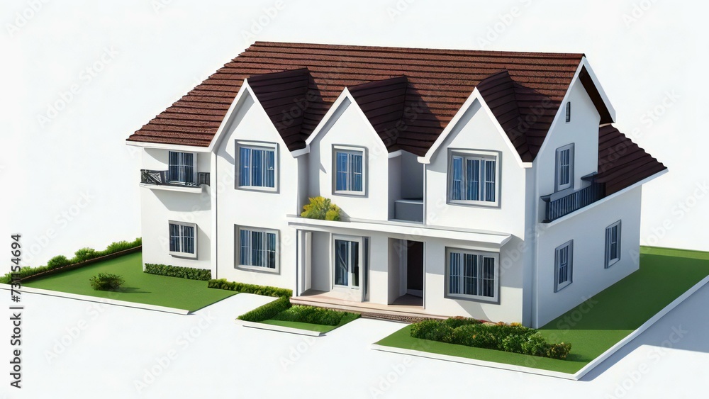3d house model rendering on white background, Clean and precise 3D illustration modern cozy house. Concept for real estate or property.