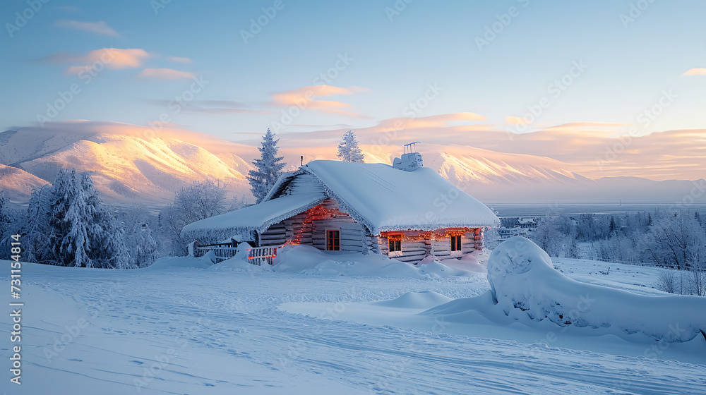 Beautiful winter landscape with snow covered house in the mountains at sunset. 