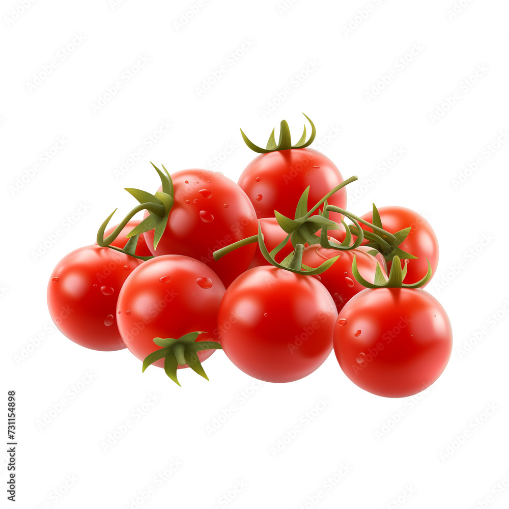 3d bunch of miniature Raw realistic red ripe tomato cherry vegetables vibrant cluster glistening with freshness, promises burst of juicy flavor. isolated on a transparent background