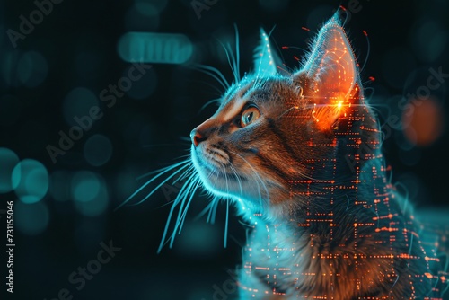 Cat with futuristic HUD elements. Future technology, hologram, GUI, interface. Science fiction, sci-fi. Design for banner, poster. Cute funny pet