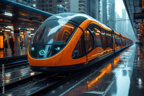 Amidst a bustling transport hub, an orange bullet train speeds down the railway tracks, reflecting the vibrant energy of the city and the convenience of public transportation