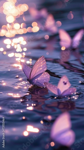 A serene scene featuring butterflies resting on water with a soft, glowing bokeh light background, generative ai © TheGoldTiger
