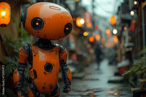 A lively orange robot toy struts confidently down the busy street, its cartoonish appearance bringing a playful touch to the outdoor scenery