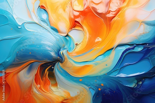 An engaging abstract painting featuring vibrant blue  yellow  and orange colors merging harmoniously  Picture a vivid whirlpool of orange and blue shades  AI Generated