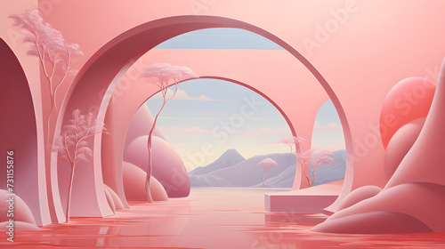 arched tunnel 3d landscape, in the style of dreamy surrealist compositions, light pink, surreal still life compositions, interior scenes, trompe l’oeil, vibrant colorscape