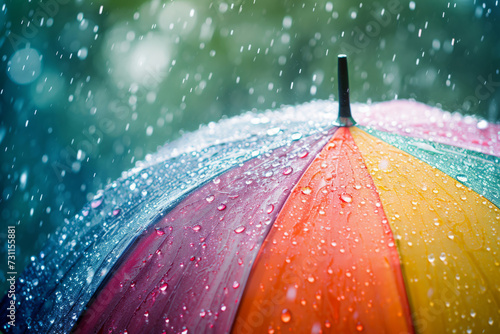 Close up shot of raindrops on colored umbrella at heavy rainy day against blurred background, Weather protection
