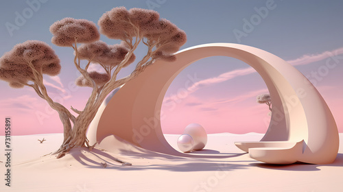 tree and arch on sky in a deserted landscape, in the style of futuristic psychedelia, pink and beige, indoor still life