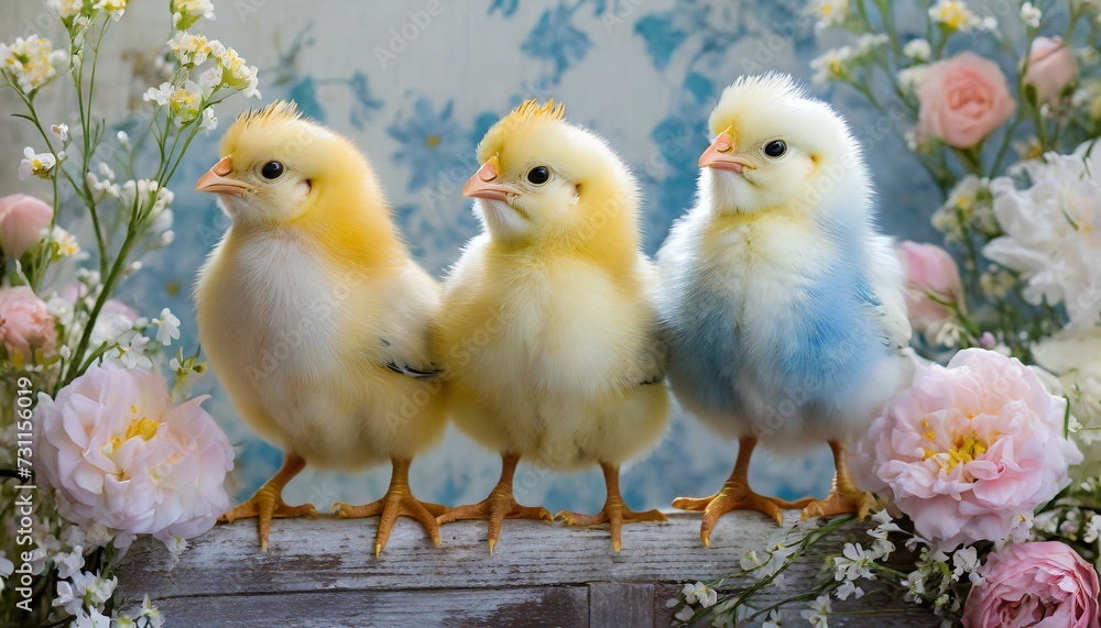 Naklejka premium three easter chickens in cute studio