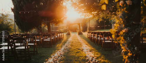 elegant outdoor wedding ceremony at golden hour  candid emotions and decorations