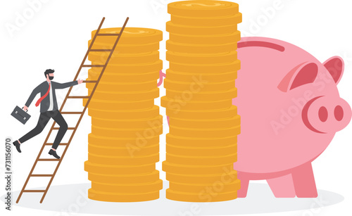 Ladder of success in financial target, career path income achievement or investment for retirement concept, young businessman climbing the ladder to top of stack of money coins rich and wealthy goals.