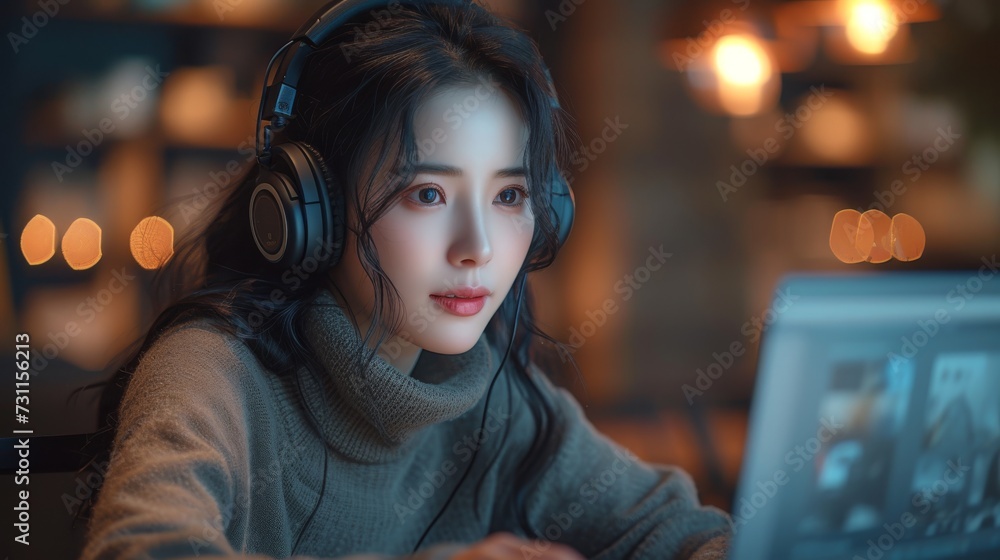 A woman wearing headphones is intently looking at a laptop screen in a dimly lit room, generative ai
