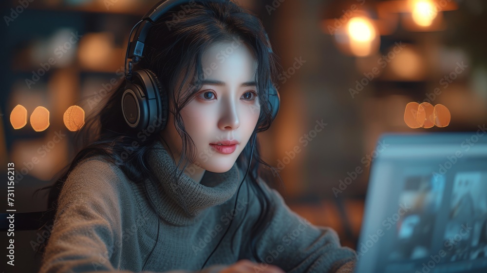 A woman wearing headphones is intently looking at a laptop screen in a dimly lit room, generative ai A woman wearing headphones is intently looking at a laptop screen in a dimly lit room, generative ai