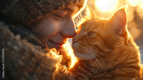 A person in warm clothing is affectionately nuzzling a content orange cat in soft, glowing sunlight, generative ai