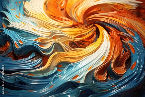 A stunning painting showcasing a vibrant wave of various colors of paint, Picture a vivid whirlpool of orange and blue shades, AI Generated