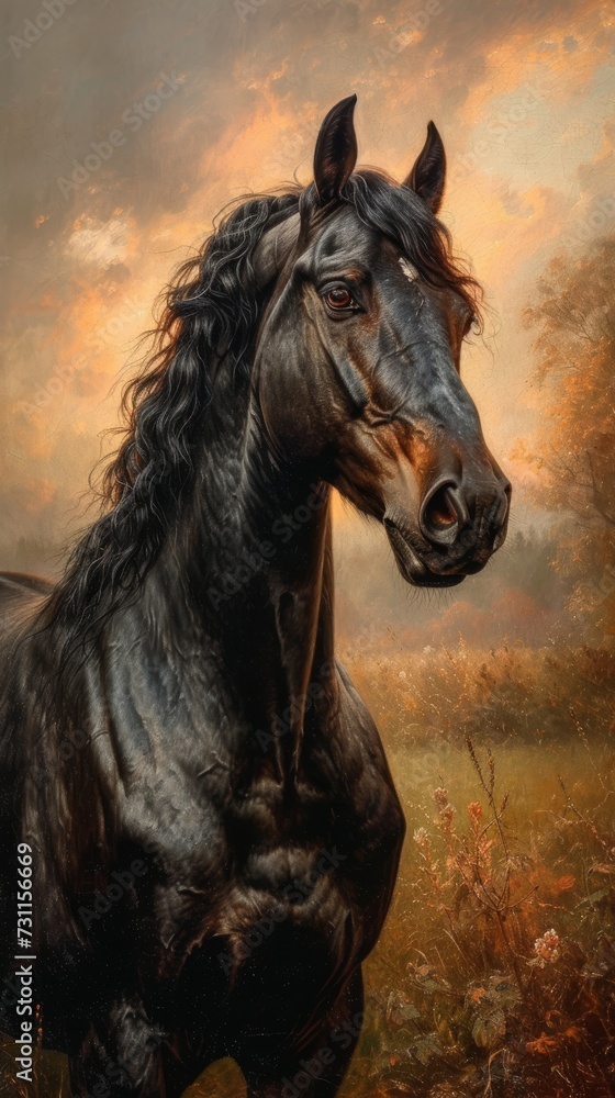 A majestic black horse with a flowing mane stands before a warm, glowing sunset landscape, generative ai A majestic black horse with a flowing mane stands before a warm, glowing sunset landscape, generative ai