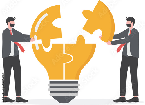Problem solver, get a solution to overcome difficulty, idea, creativity or innovation to fix a problem or trouble concept, smart businessman solving lightbulb idea puzzle by connecting the last jigsaw