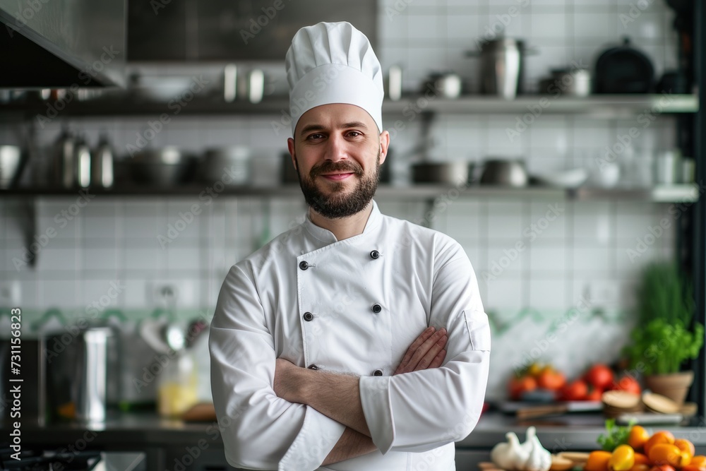 A skilled chef in a pristine commercial kitchen, wearing a crisp white uniform with a neatly ironed hat and gloves A skilled chef in a pristine commercial kitchen, wearing a crisp white uniform with a neatly ironed hat and gloves
