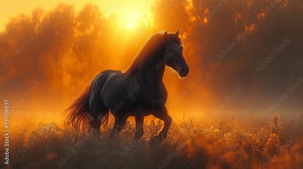 A majestic horse gallops across a field bathed in golden sunlight, evoking a serene, ethereal atmosphere, generative ai