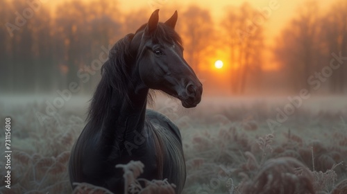 A majestic black horse stands in a frosty meadow at sunrise, enveloped by a misty ambiance, generative ai