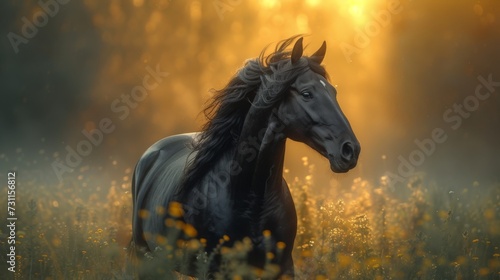 A majestic black horse stands amidst a field of flowers with a golden sunset background  generative ai