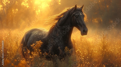 A majestic black horse stands amidst glowing golden grasses, illuminated by the soft, warm sunset light, generative ai © TheGoldTiger