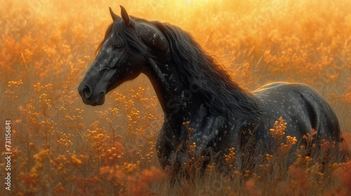 A majestic black horse stands amidst a field of orange flowers during a golden sunset  generative ai