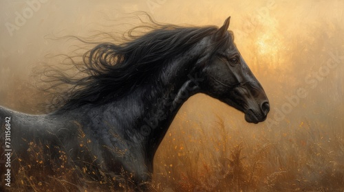Majestic black horse with flowing mane gallops in a golden, sunlit field, exuding grace and power, generative ai © TheGoldTiger
